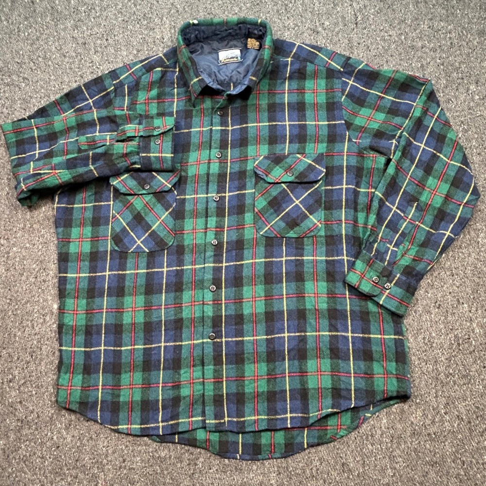 Fieldmaster Flannel Shirt XL Mens Green Plaid Wool Blend Quilt Lined Outdoor